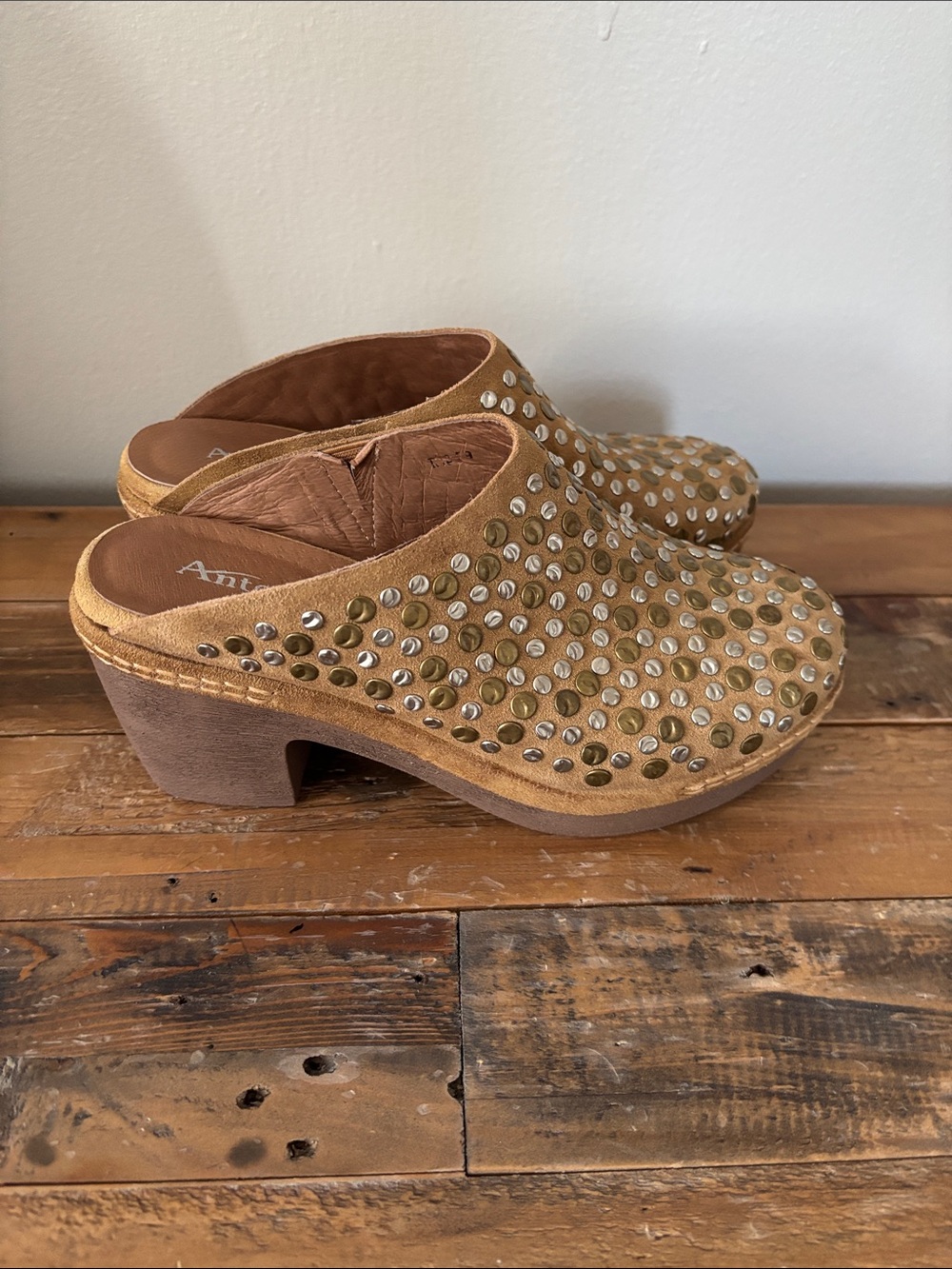 Antelope Tan Suede Studded Clog Mules - Picture 4 of 5